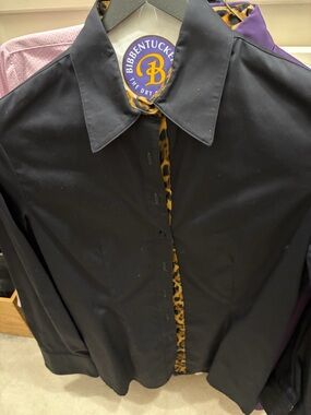 Black Button-Down Shirt with Leopard Trim